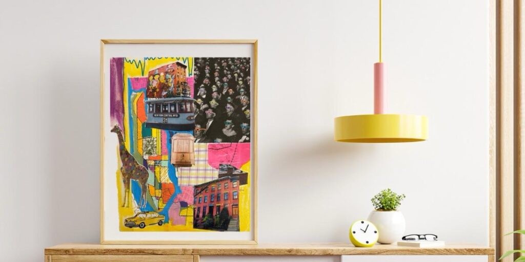 A colorful collage art piece in a wooden frame sits stylishly on a shelf, depicting diverse scenes like a giraffe, a building, a car, and people in a crowd. A yellow and pink pendant lamp hangs above alongside a small clock, creating an artsy vibe.