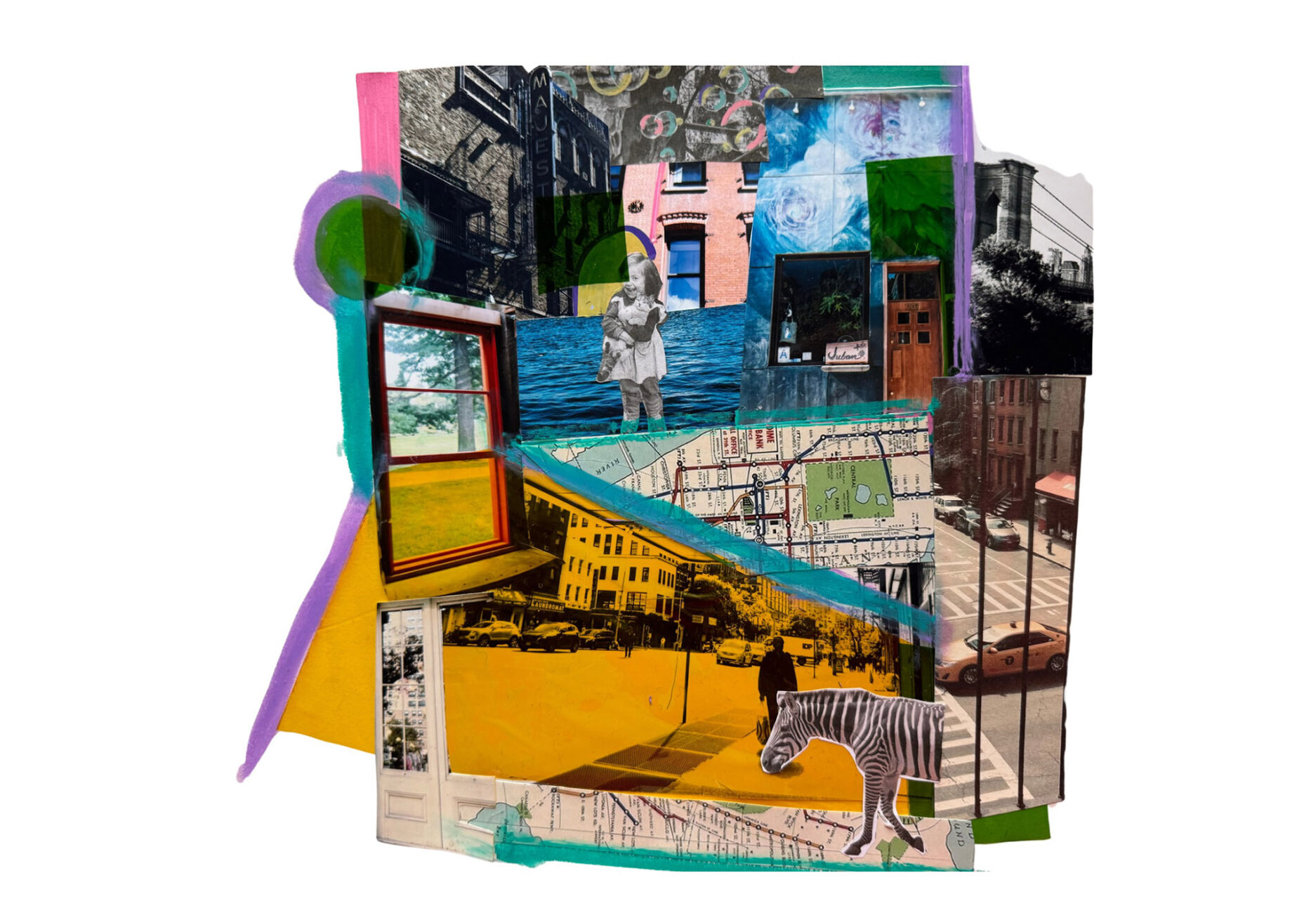 A vibrant collage featuring urban and natural scenes. Elements include windows, a person in water, a rooftop court, and a zebra crossing the street. The stylish photography adds colorful abstract shapes, creating a playful blend of textures and perspectives.