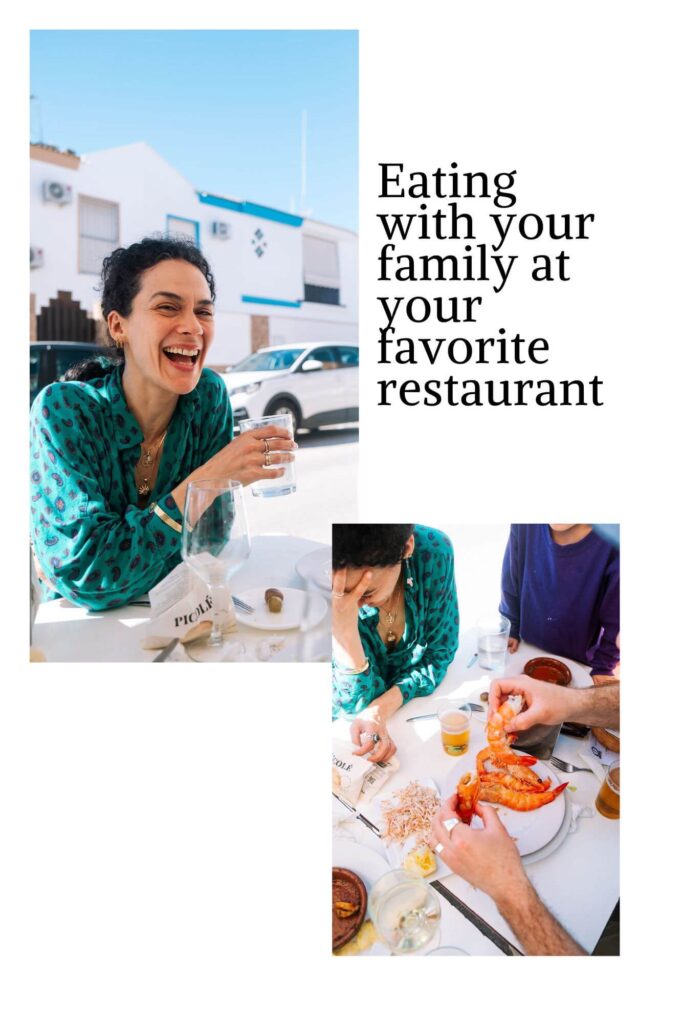 Two images: a photograph of a person laughing at an outdoor table beside text, Eating with your family at your favorite restaurant. Below, close-up of hands at a table with dishes of seafood and drinks—perfect session ideas for families.