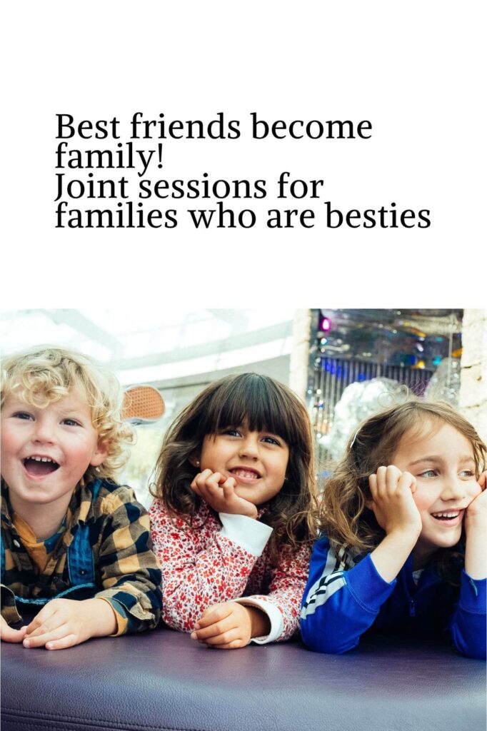 Three children smiling and lying on their stomachs on a purple surface. A curly-haired boy in plaid, a girl with dark bangs in a floral shirt, and a girl in a blue jacket. Text above this photograph reads, Best friends become family! Joint session ideas for families who are besties.