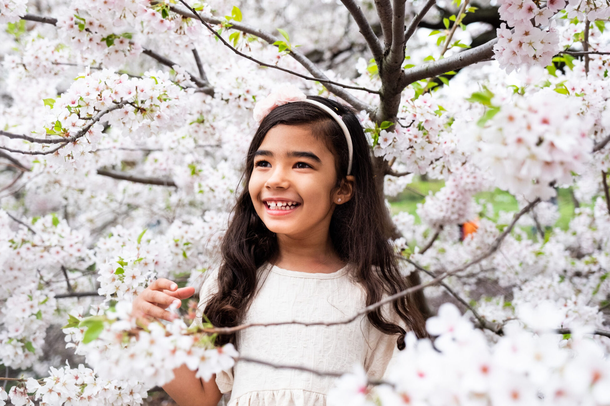 Amidst the best locations for cherry blossoms in NY, a young girl with long dark hair and a white headband smiles joyfully. She is surrounded by soft pink and white flowers, her light-colored dress blending perfectly with the enchanting blooms.